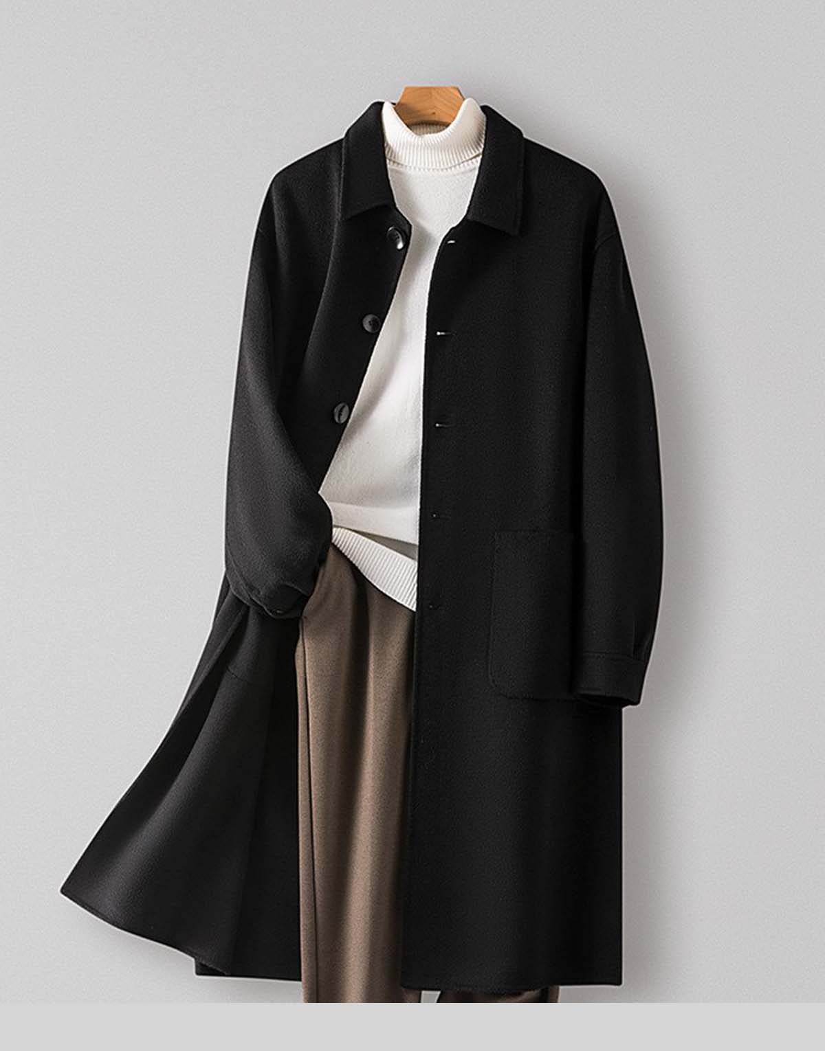 100PCT Wool Double-Faced Turn-Down Collar Wool Coat-w9014